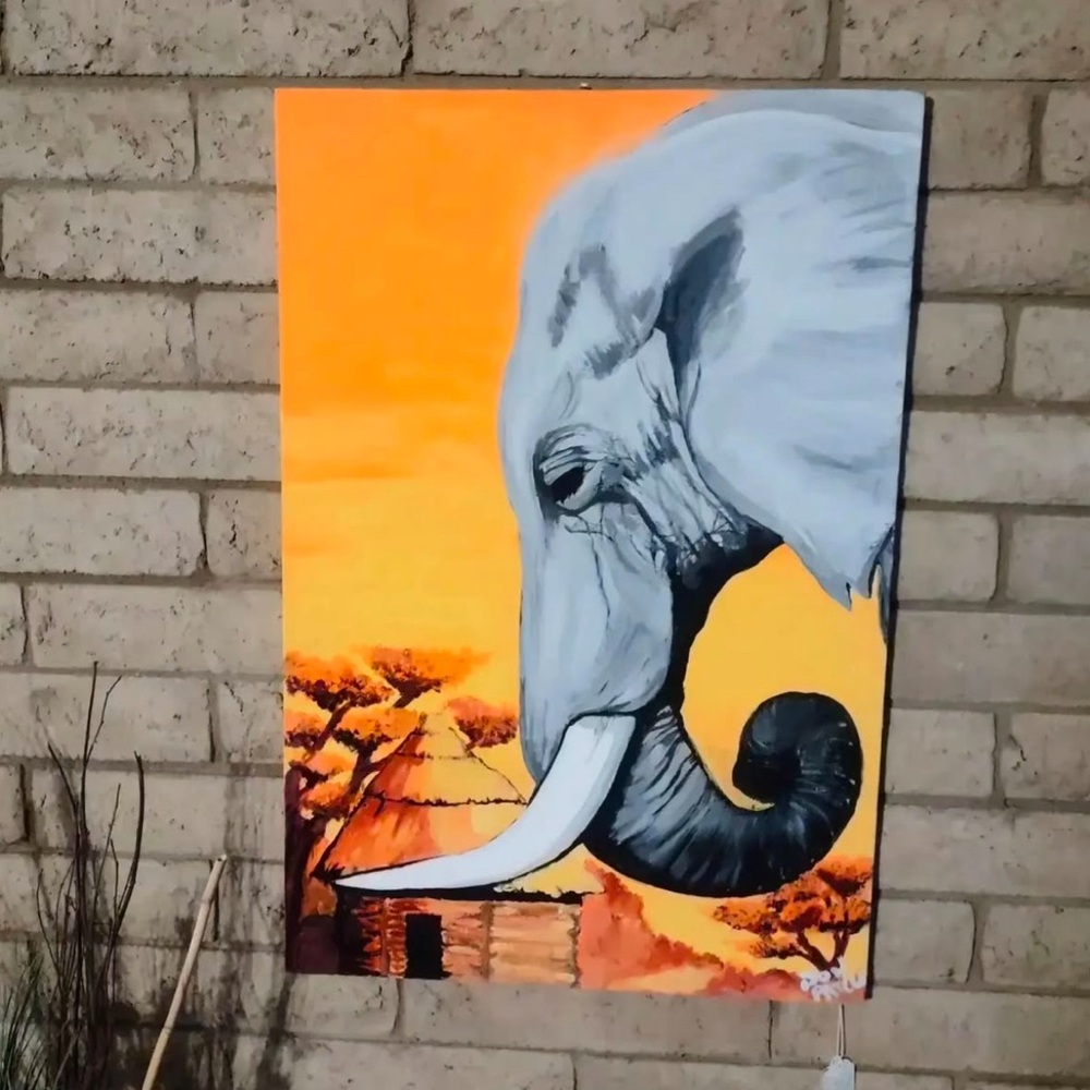 Elephant Canvas Art with Orange and Gray Tones